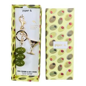 Piper K Olive Martini Bag Charm Keychain Glass Stones Gold Tone NWT Gift Box
